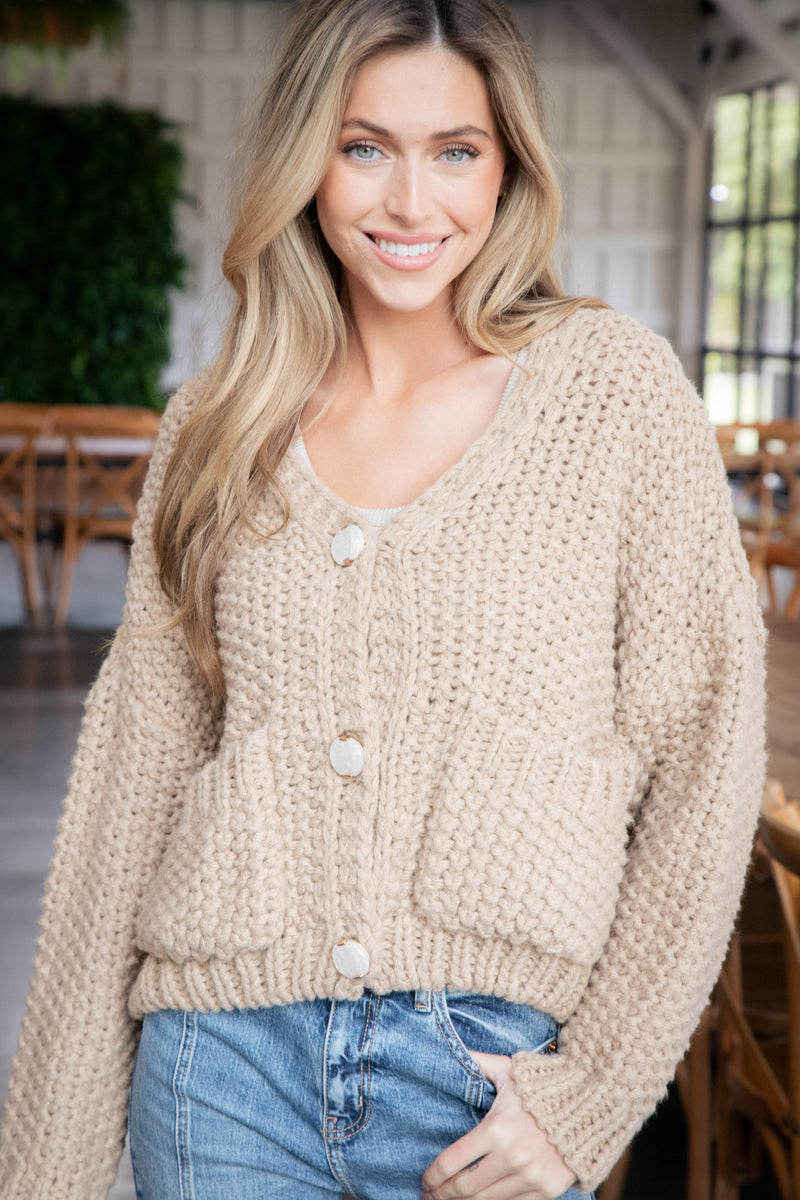 Vicky Chunky Knit Cardigan, Tan