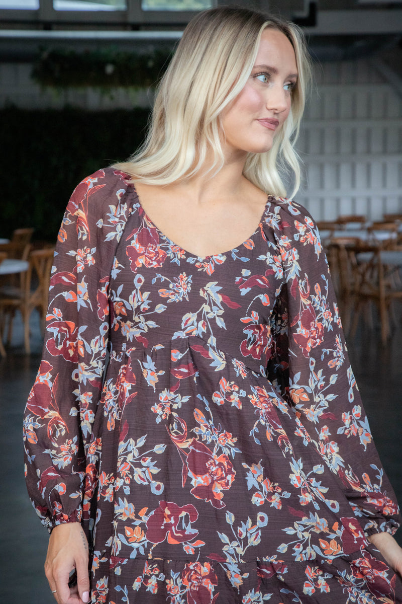 Joselyn V-Neck Floral Dress, Dark Brown Multi