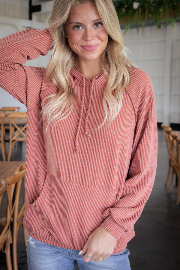 Jaylah Ribbed Hoodie, Dark Cinnamon