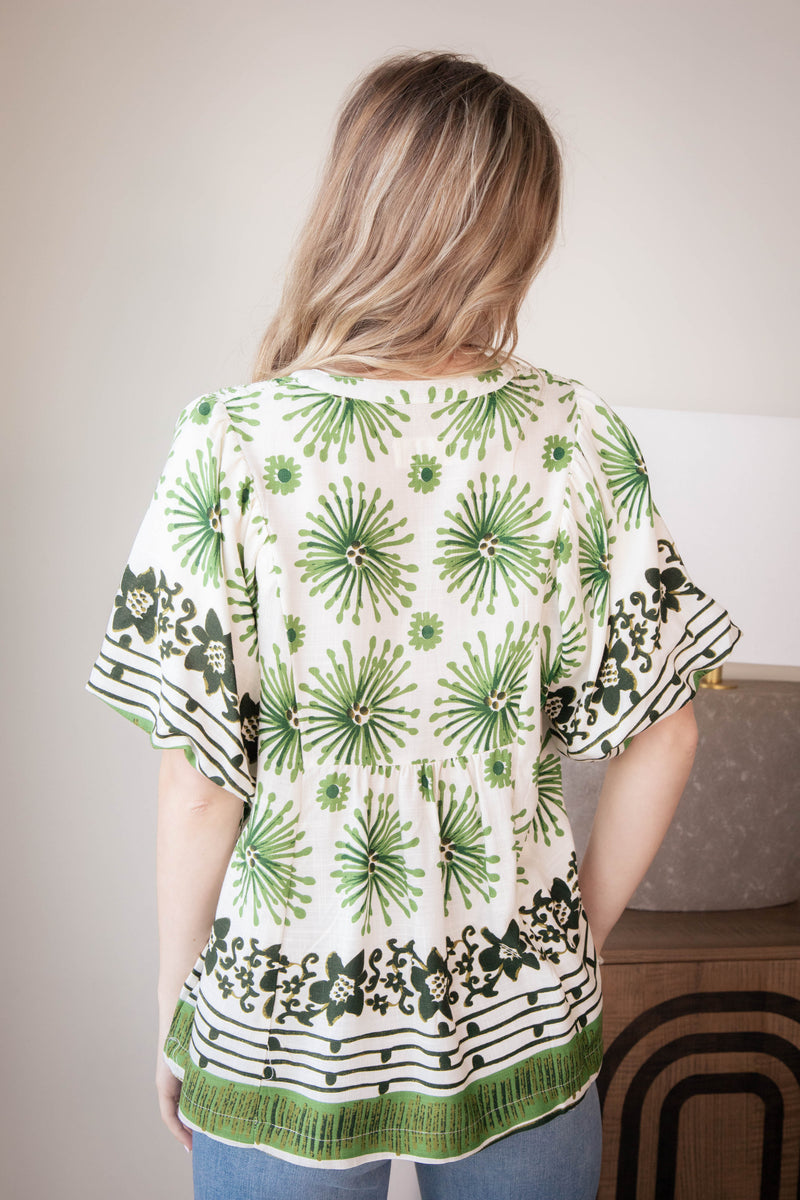 Deja Mixed Border Printed Top, Green