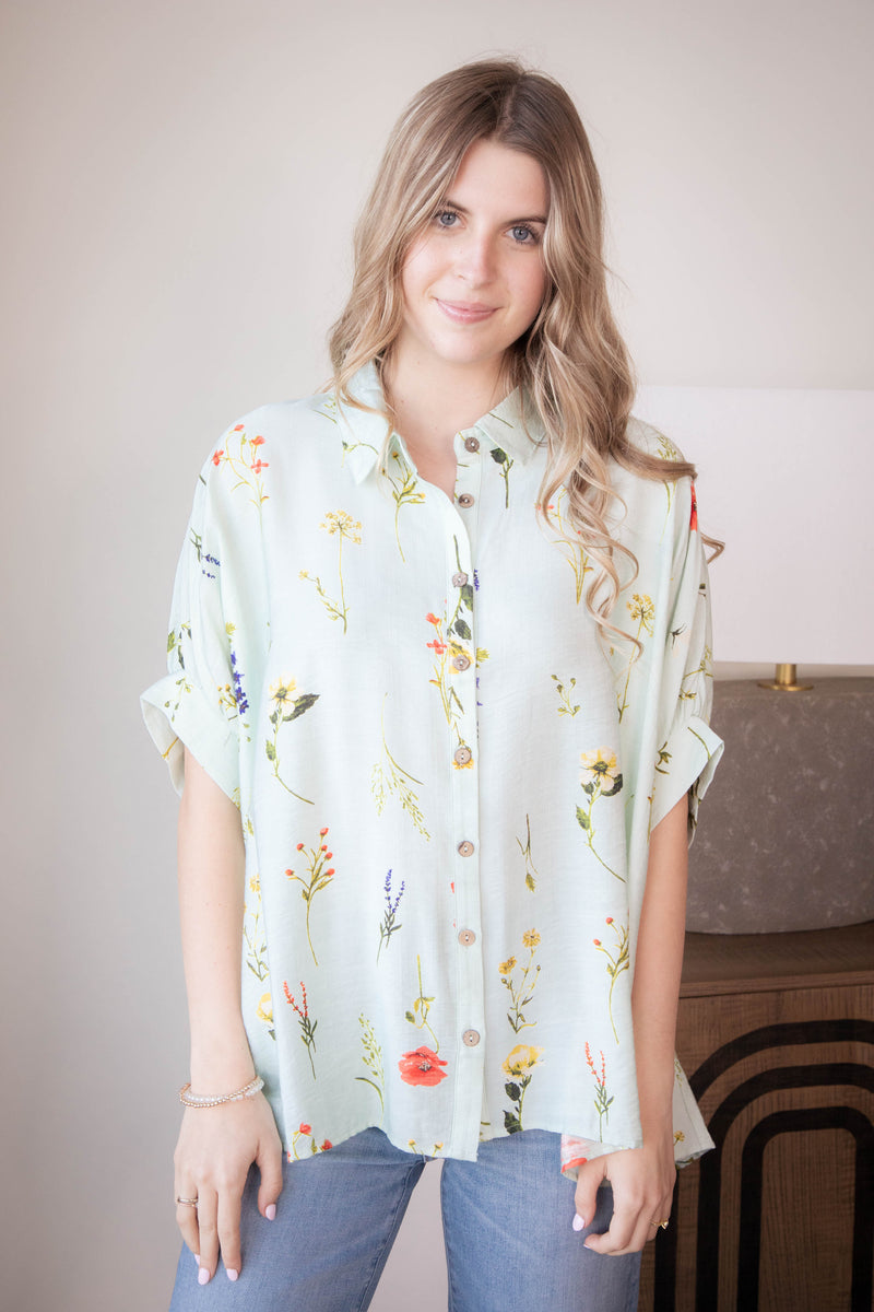 Enya Floral Button Down Top, Mint Mix