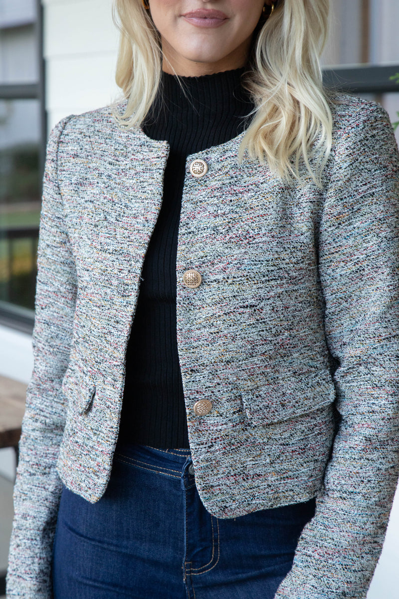 Saige Tweed Button Detail Jacket, Black Multi