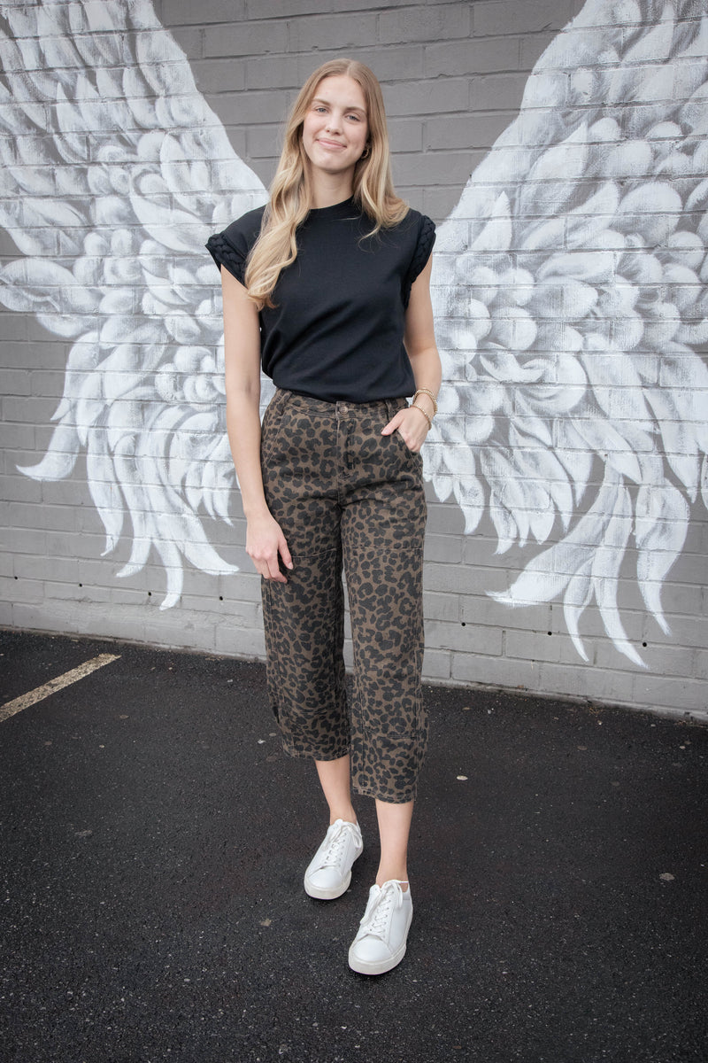 Aurelie Twill Barrel Pants, Mocha Leopard