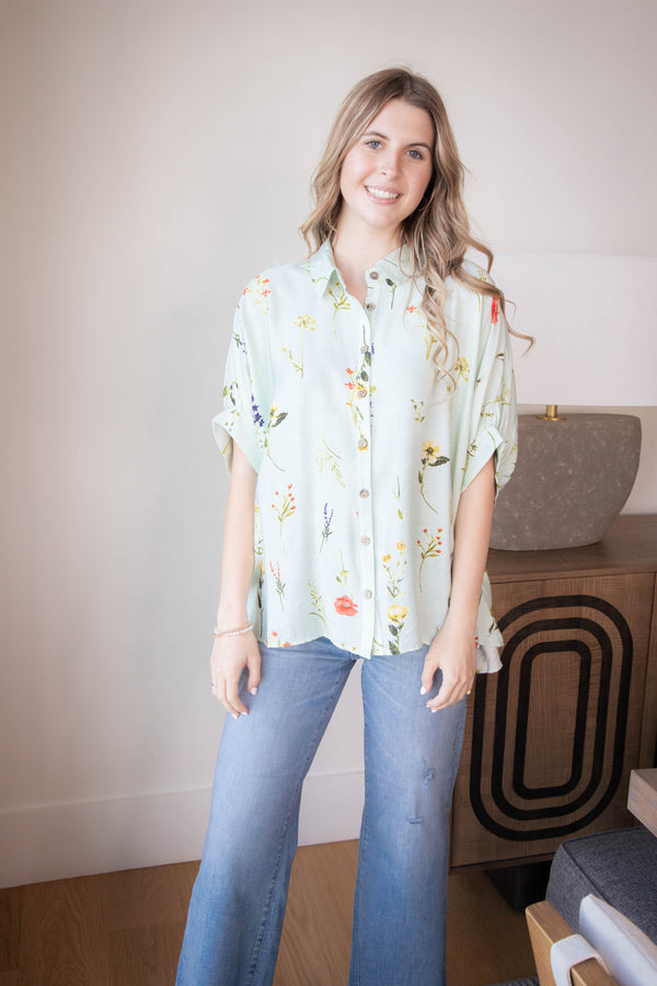 Enya Floral Button Down Top, Mint Mix