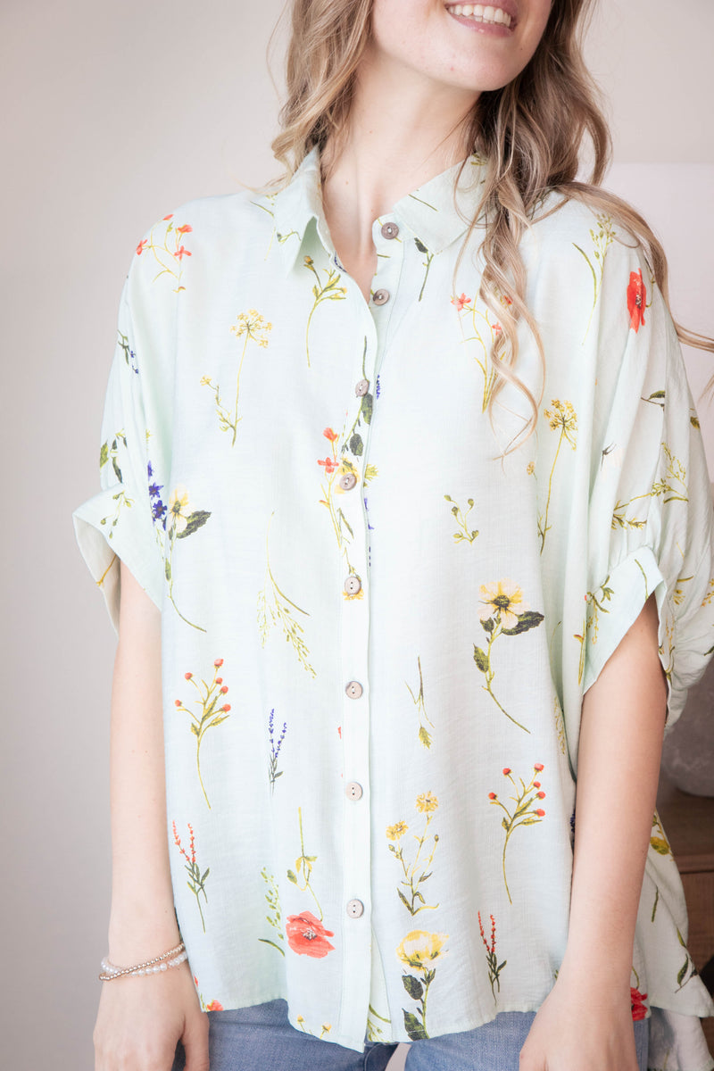 Enya Floral Button Down Top, Mint Mix