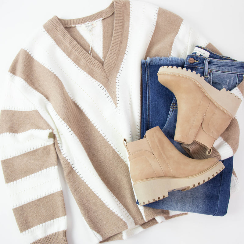 Tenley Pullover Striped Sweater, Taupe | Plus Size