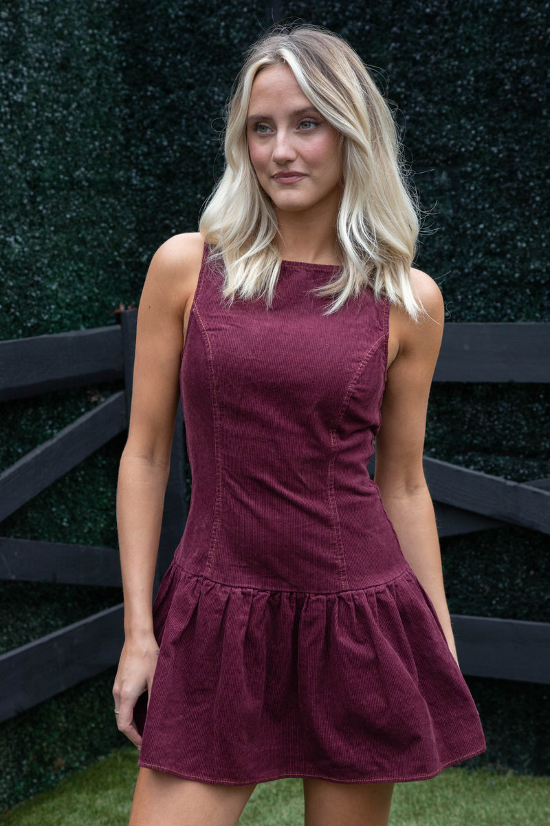 Mirabel Boat Neck Corduroy Dress, Wine