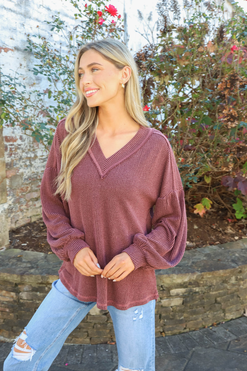 Kayley Two Tone Ribbed Top, Wine