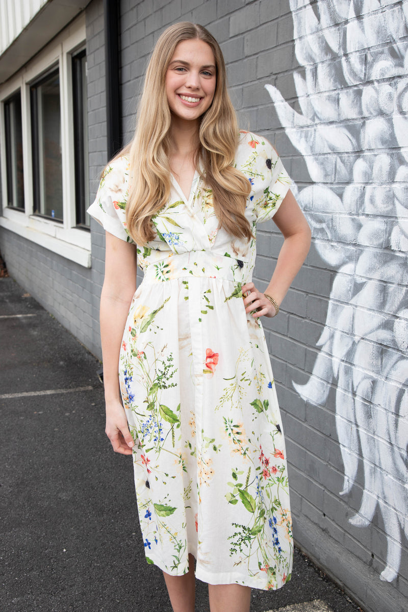 Adrienne Floral Print Midi Dress, Cream Mix