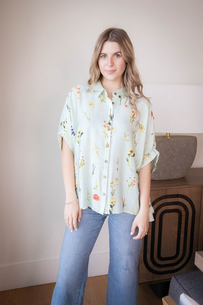 Enya Floral Button Down Top, Mint Mix