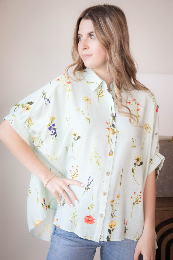 Enya Floral Button Down Top, Mint Mix