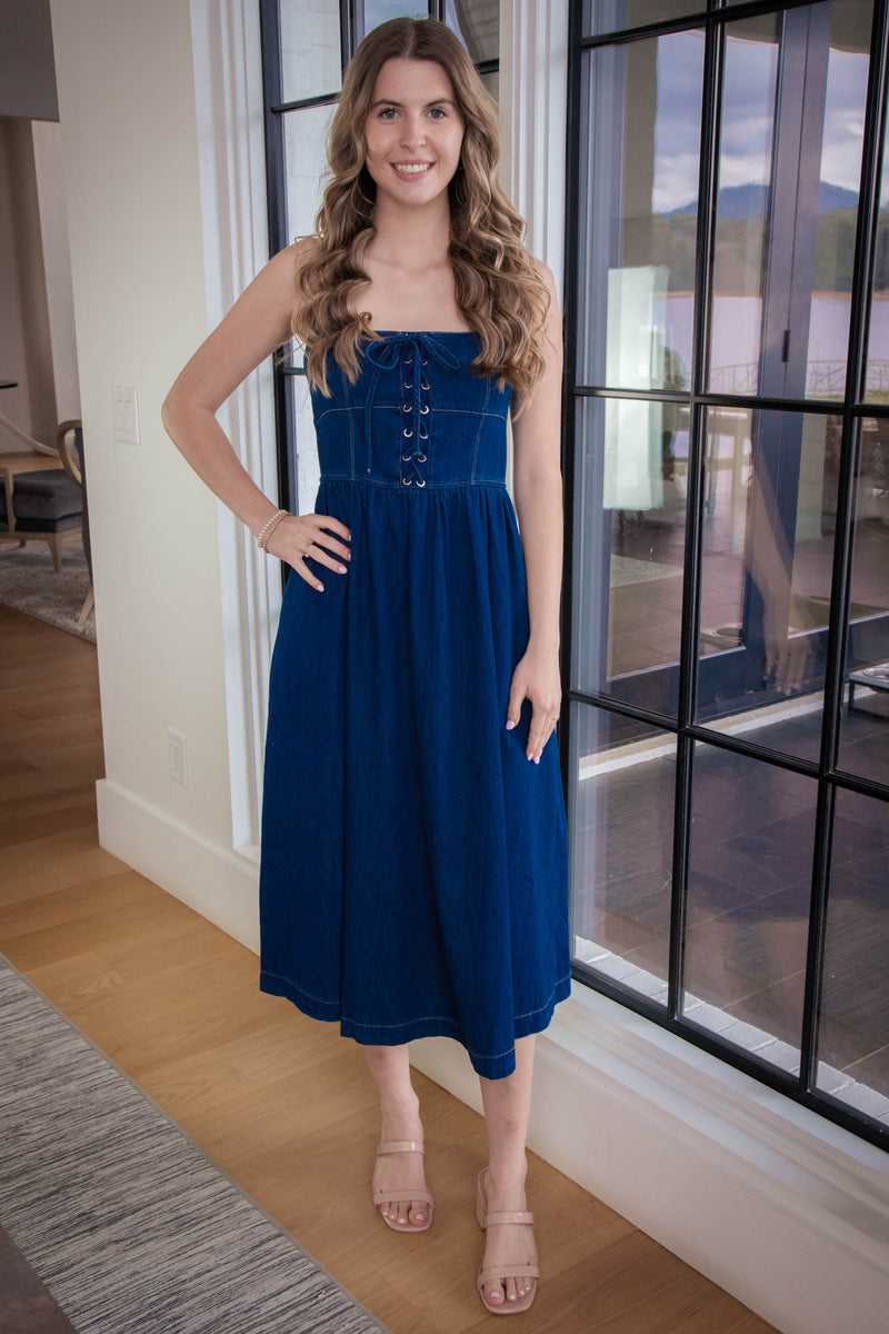 Eliana Lace Up Midi Dress, Denim