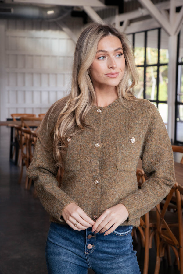 Delanie Button Detail Boucle Cardigan, Olive