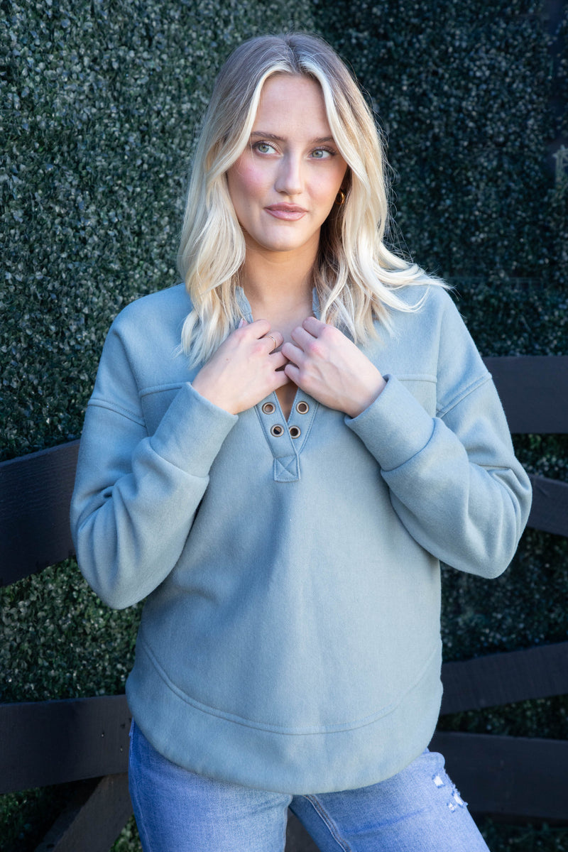 Jolie Grommet Notch Neckline Sweatshirt, Dusty Teal