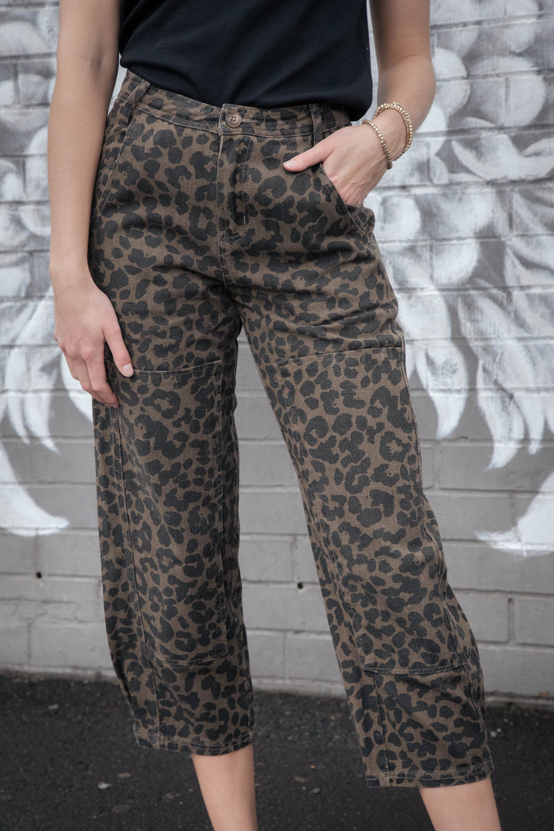 Aurelie Twill Barrel Pants, Mocha Leopard