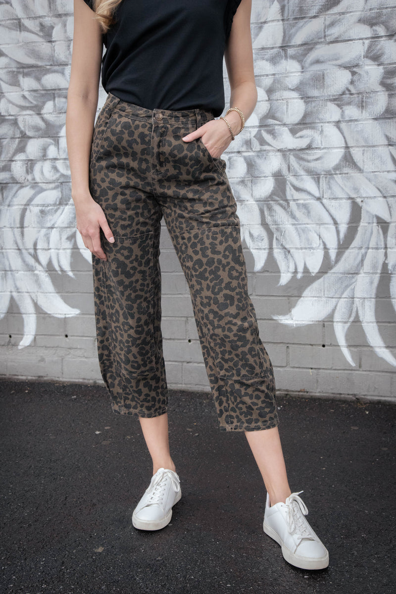 Aurelie Twill Barrel Pants, Mocha Leopard