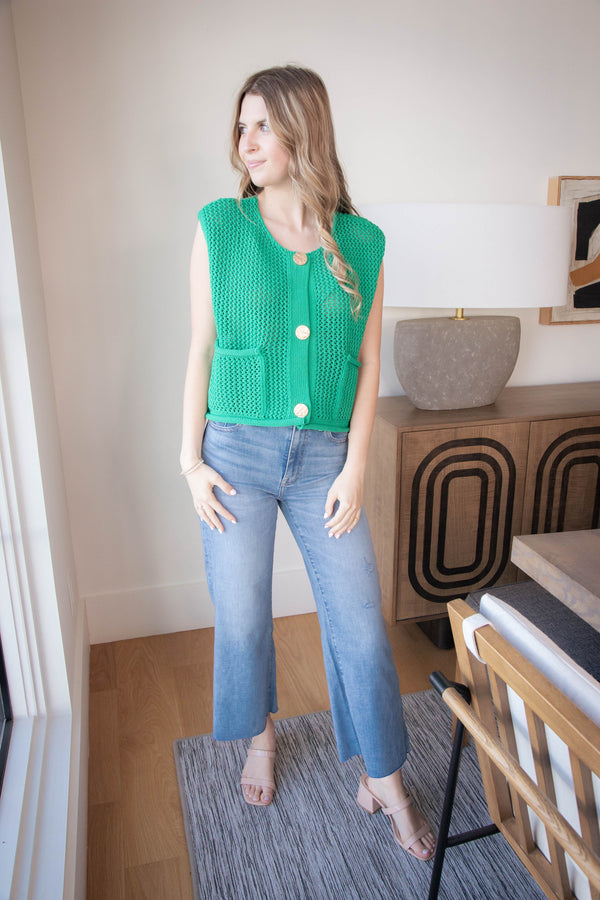 Tova Three Button Sweater Vest, Green