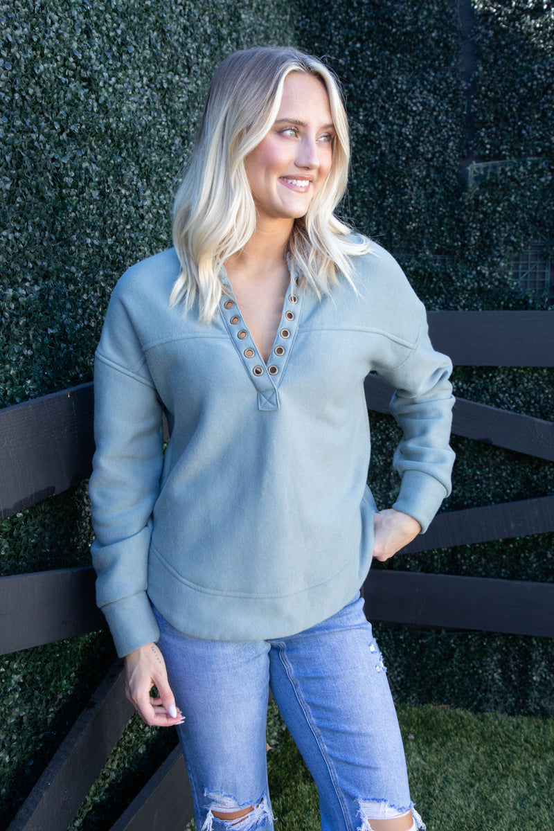 Jolie Grommet Notch Neckline Sweatshirt, Dusty Teal