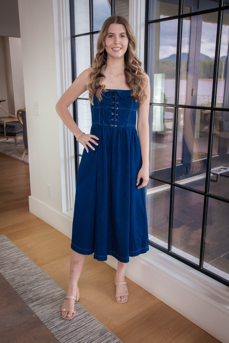 Eliana Lace Up Midi Dress, Denim