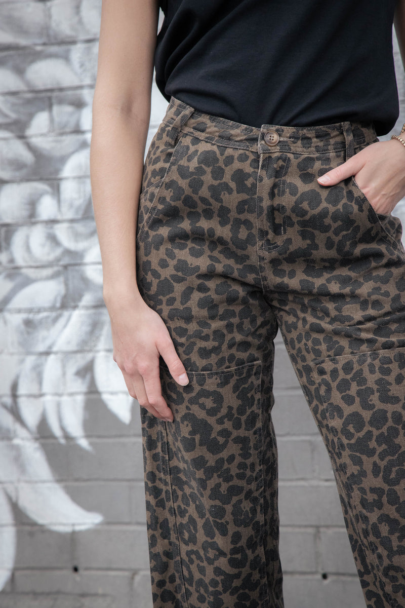 Aurelie Twill Barrel Pants, Mocha Leopard