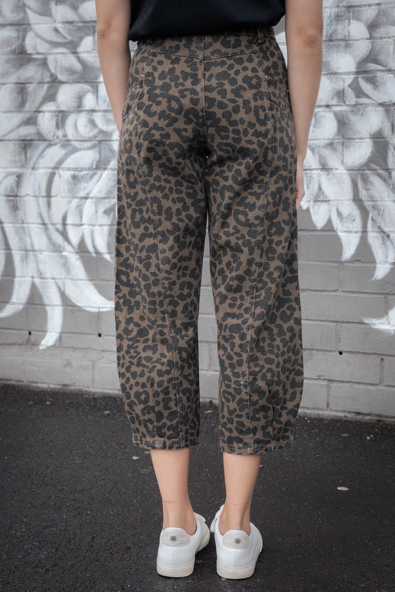 Aurelie Twill Barrel Pants, Mocha Leopard