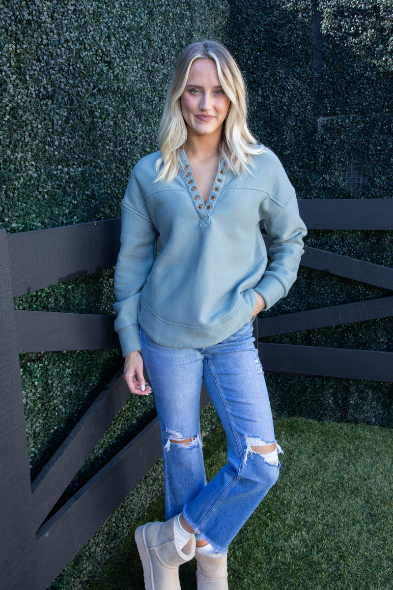 Jolie Grommet Notch Neckline Sweatshirt, Dusty Teal