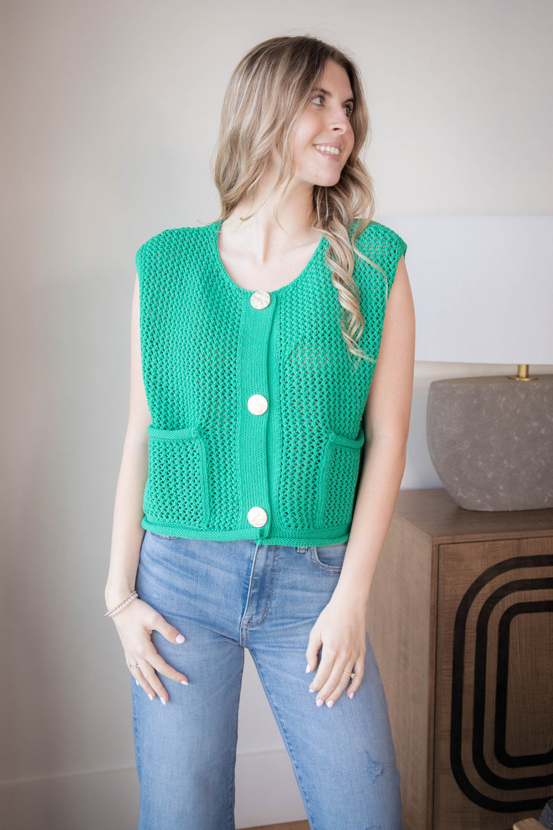 Tova Three Button Sweater Vest, Green