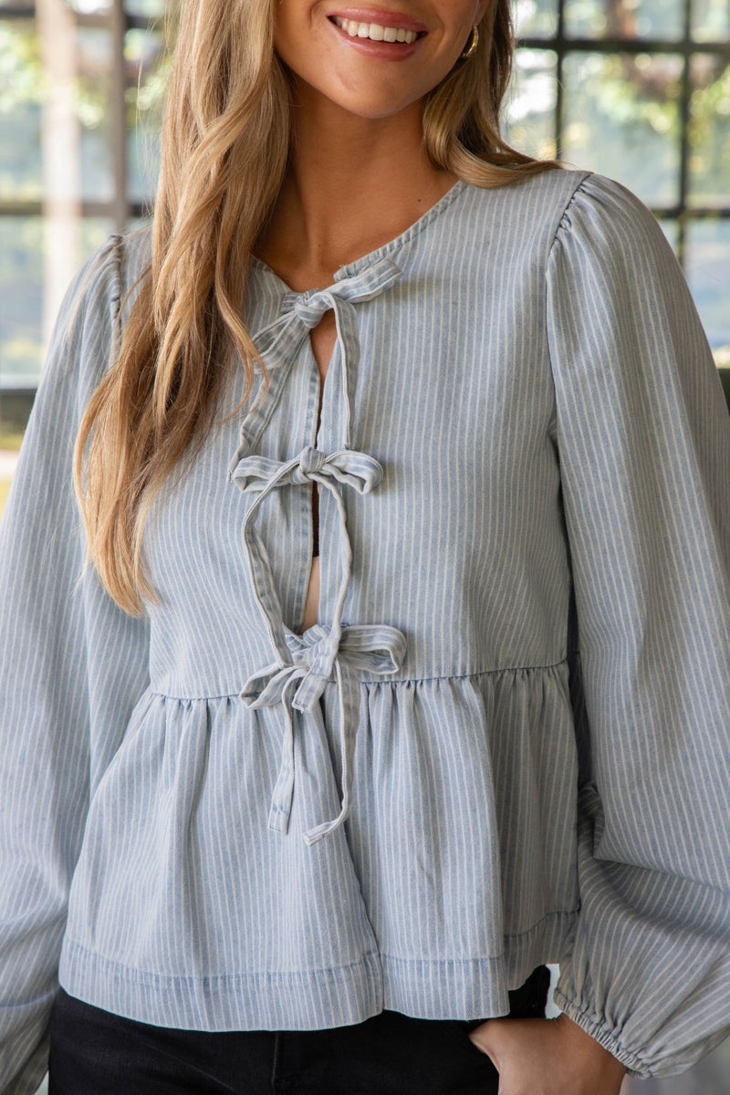 Zaria Bow Tie Blouse, Denim Stripe