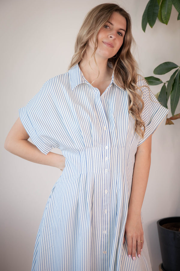 Sona Striped Pintuck Midi Dress, Blue