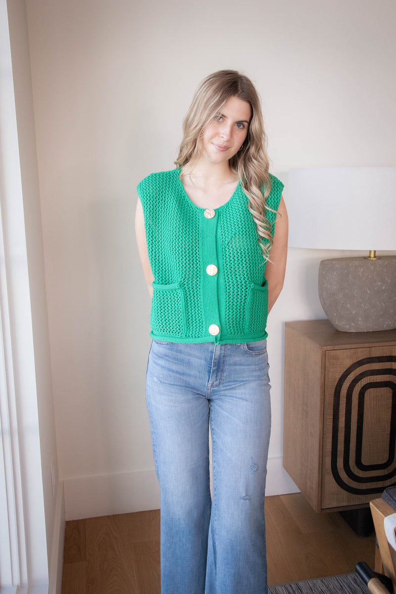 Tova Three Button Sweater Vest, Green