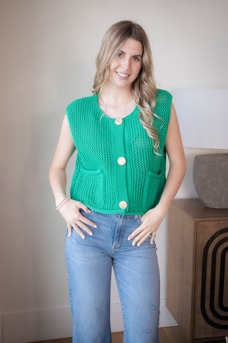 Tova Three Button Sweater Vest, Green