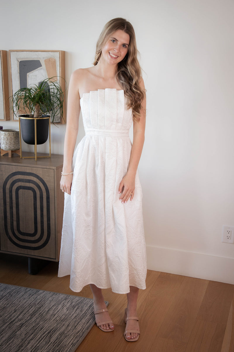 Carla Strapless Embroidered Midi Dress, Off White