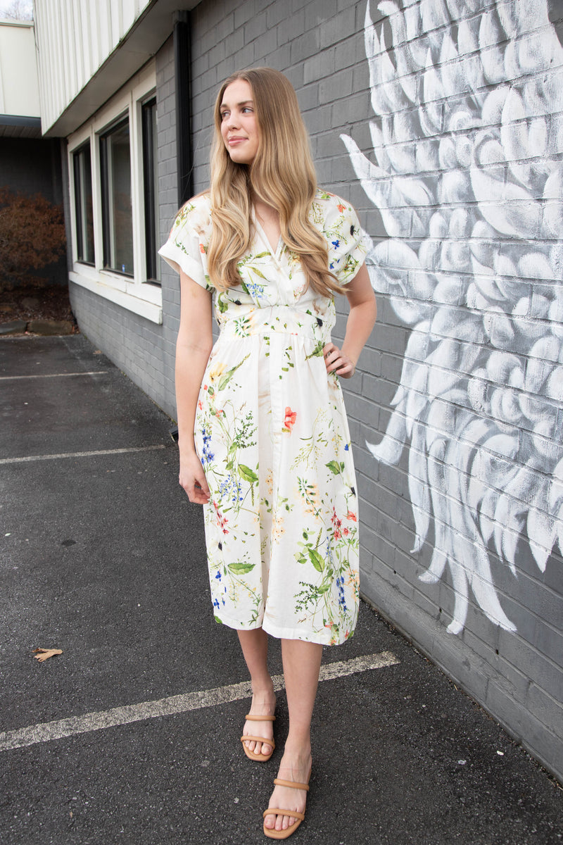 Adrienne Floral Print Midi Dress, Cream Mix