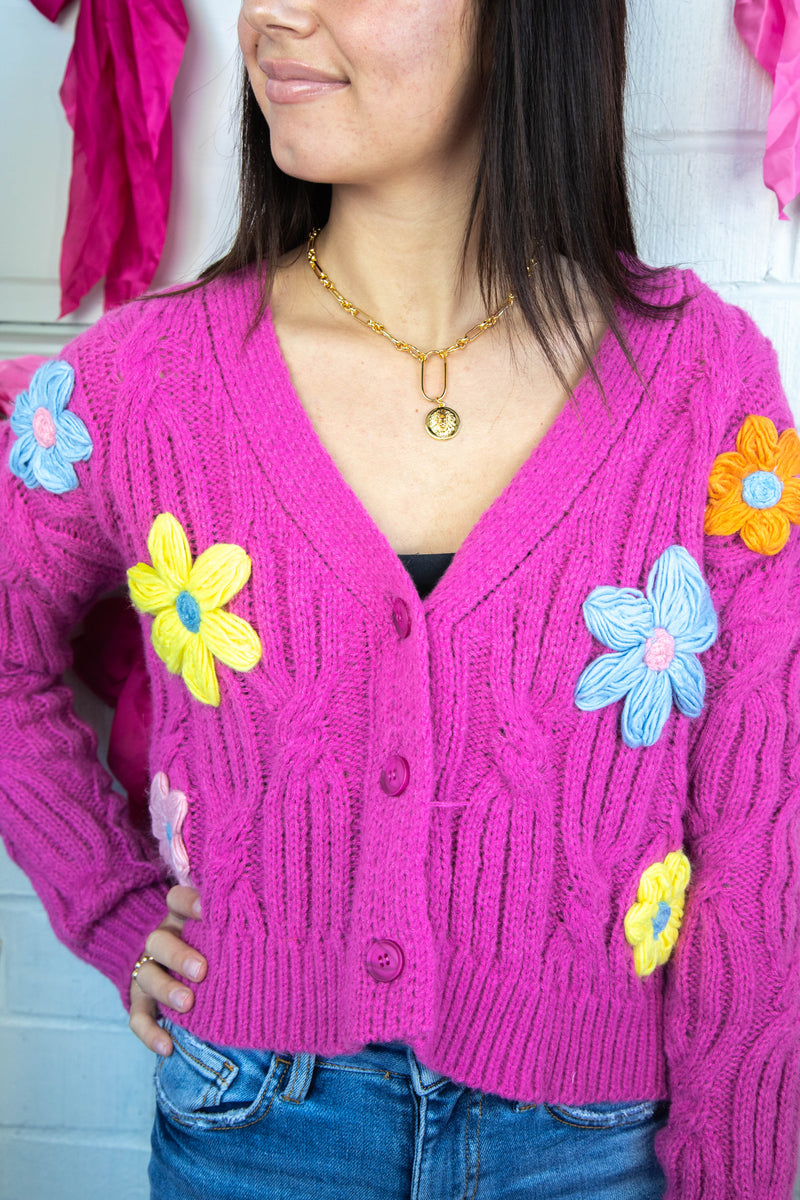 Tyra Flower Cardigan, Hot Pink