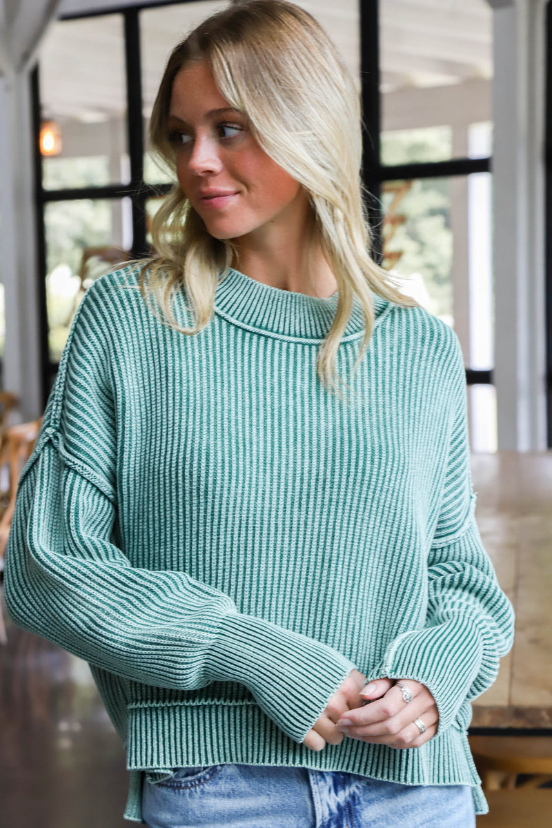 Marie Washed Crop Sweater, Dark Green