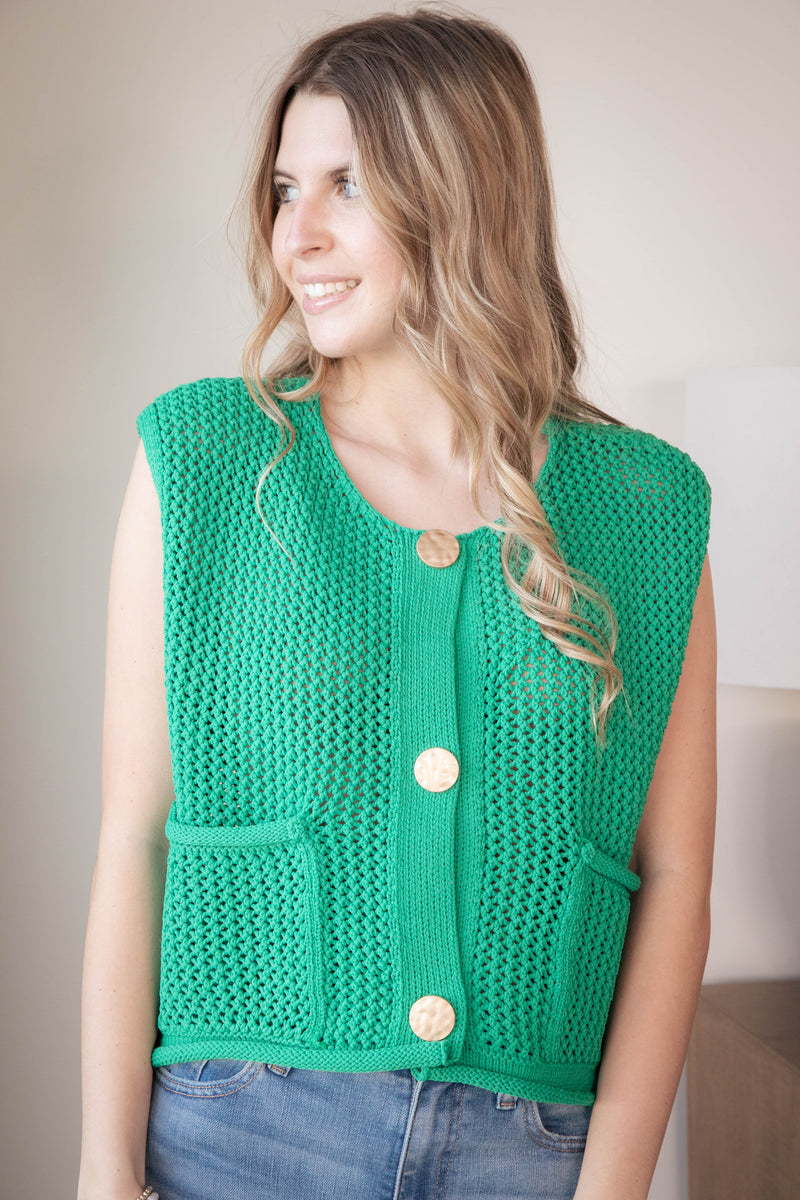 Tova Three Button Sweater Vest, Green