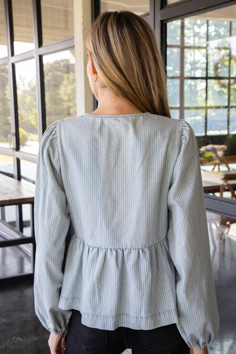 Zaria Bow Tie Blouse, Denim Stripe