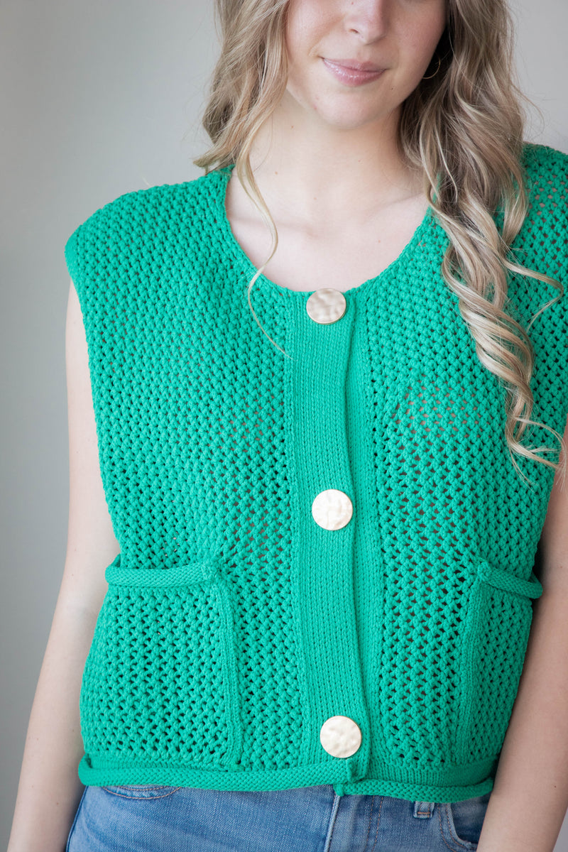 Tova Three Button Sweater Vest, Green