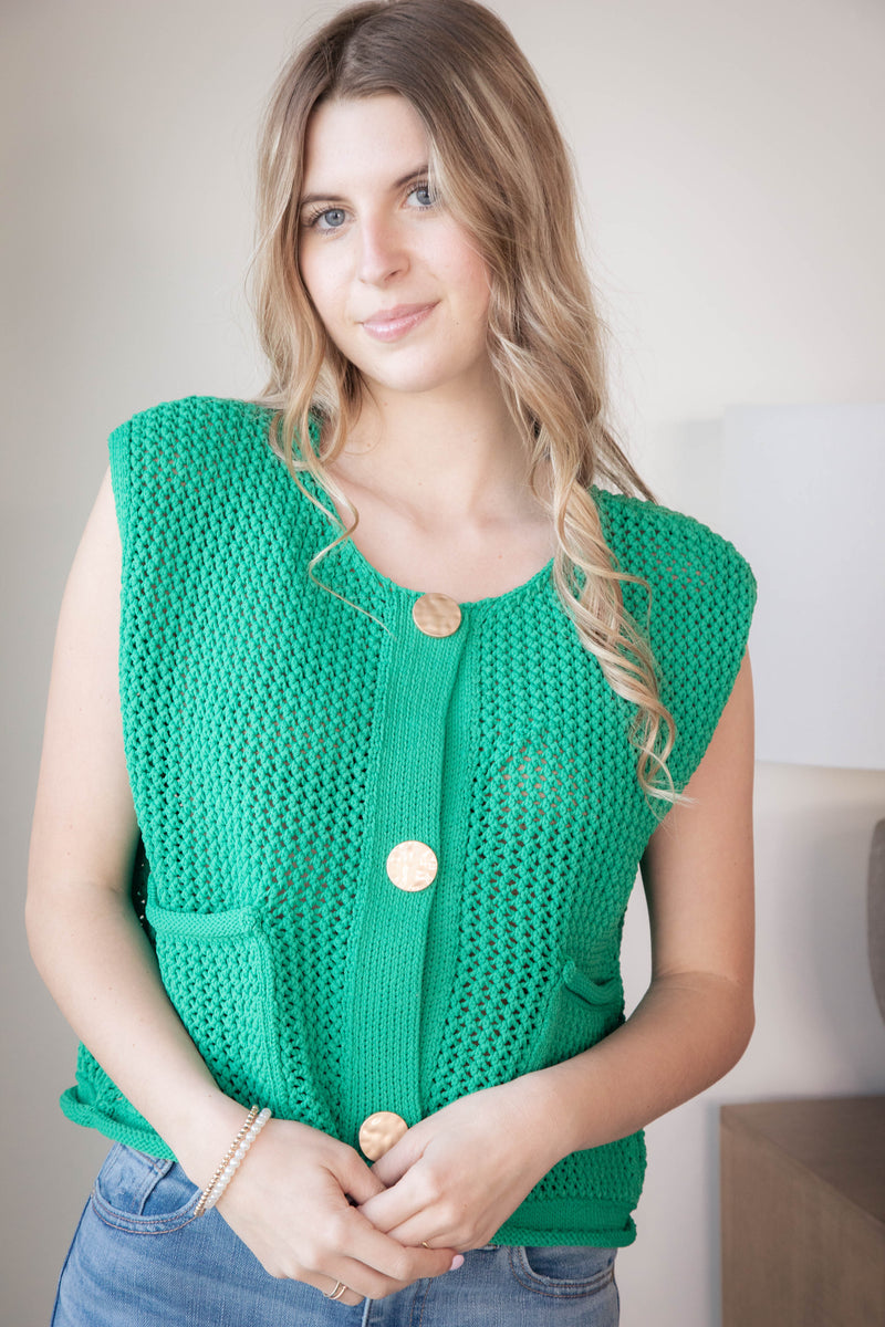 Tova Three Button Sweater Vest, Green