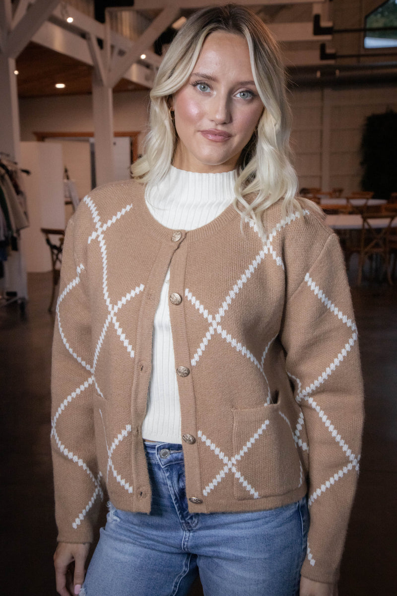 Argyle Thick Knit Cardigan, Brown/Ivory