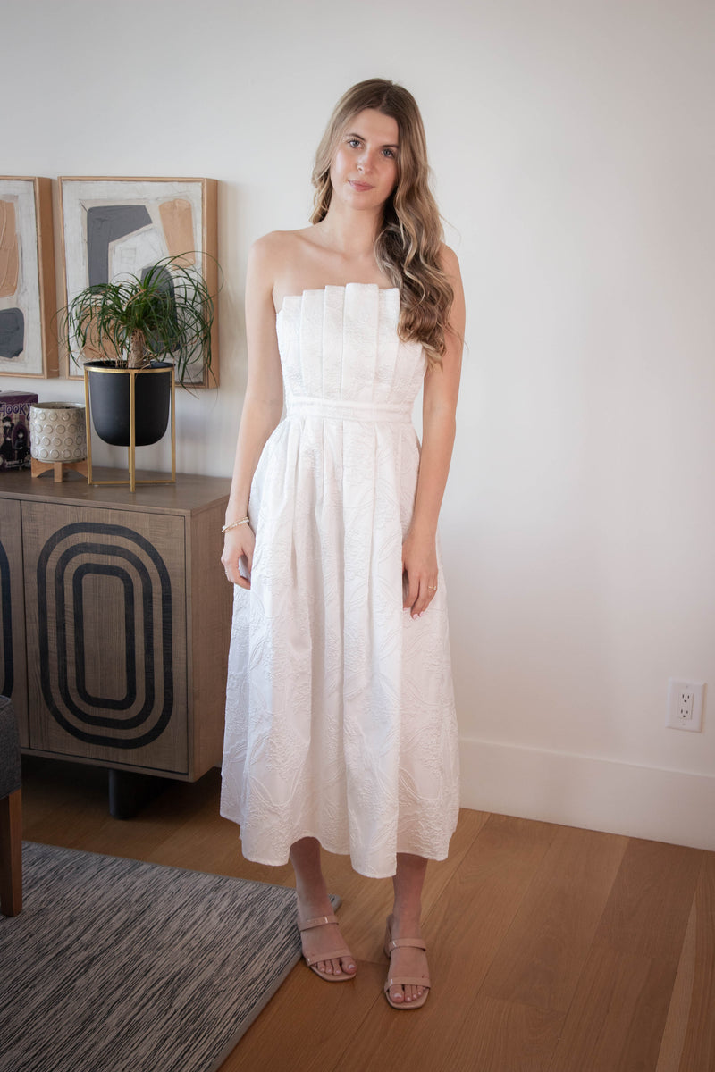 Carla Strapless Embroidered Midi Dress, Off White