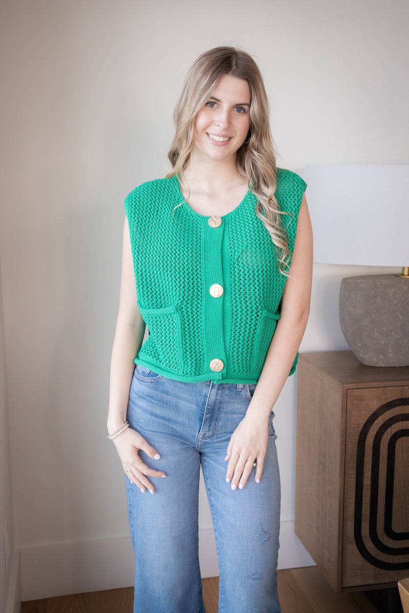 Tova Three Button Sweater Vest, Green