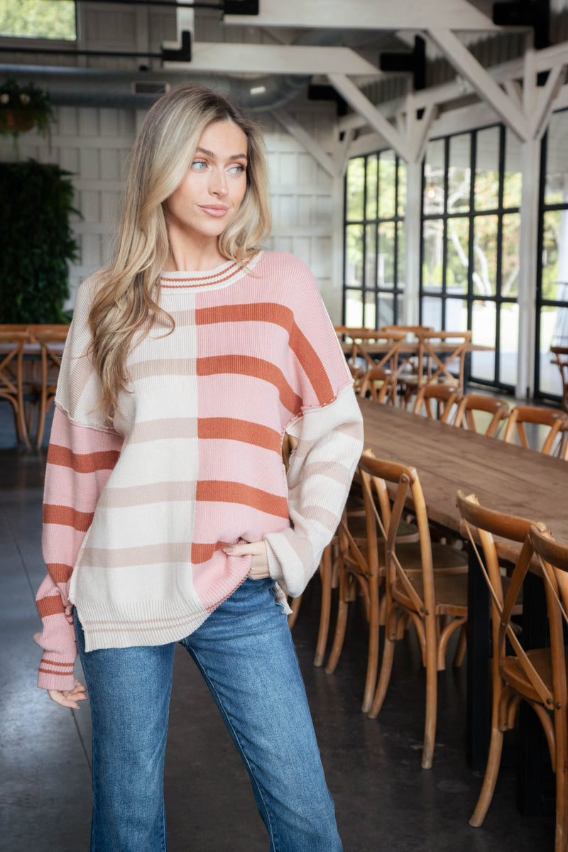 Laken Colorblocked Striped Sweater, Ecru