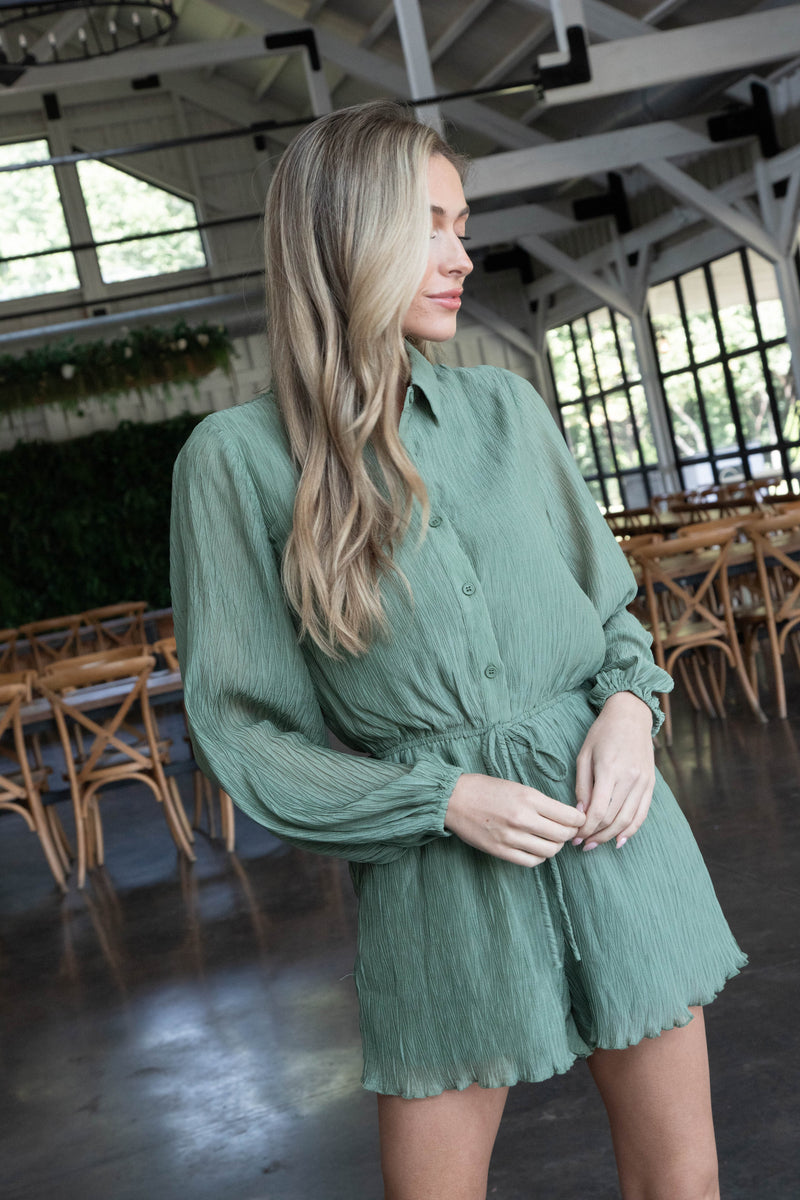 Gathering Button Up Romper, Dark Sage | Sadie & Sage