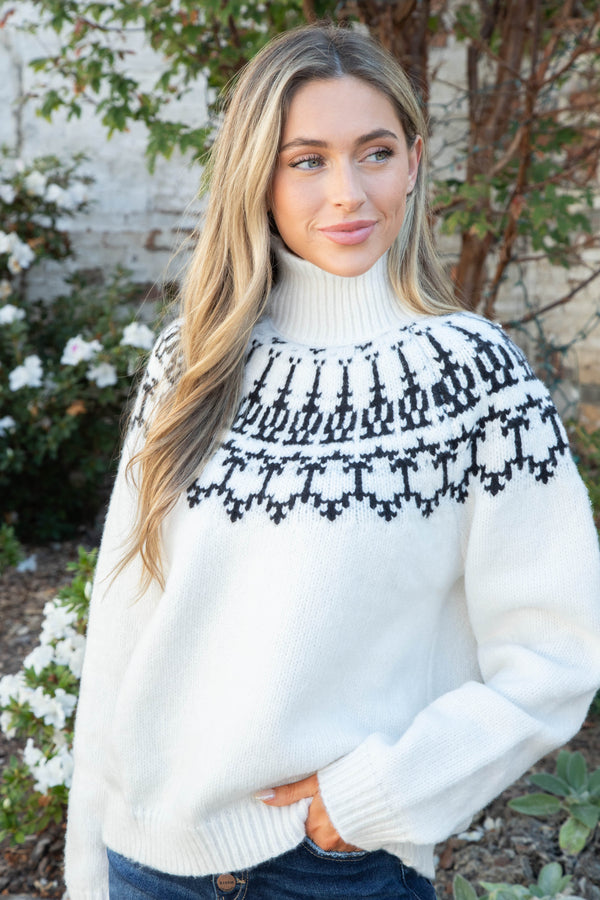 Jodi Fair Isle Turtle Neck Sweater, White | Charlie Paige