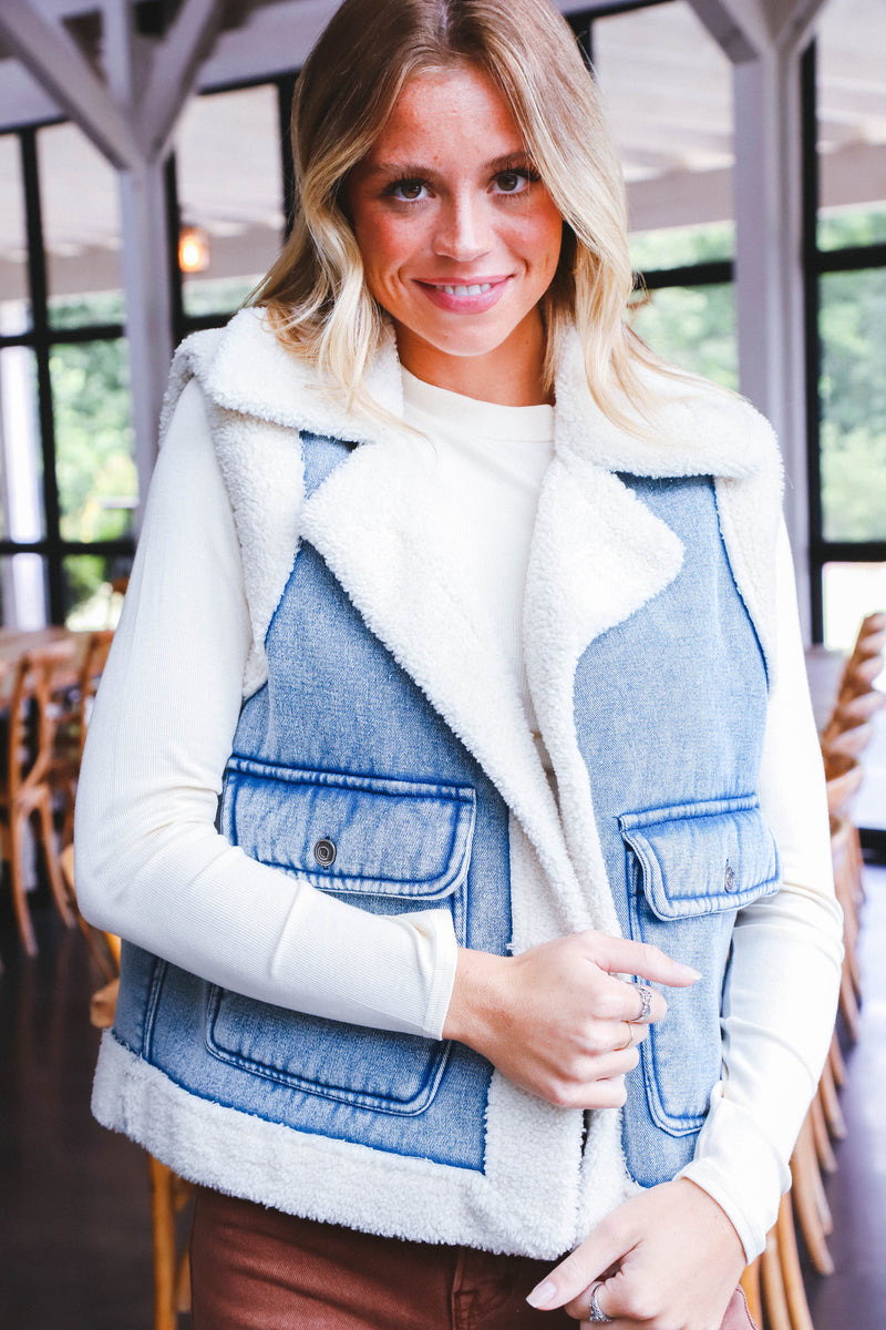 Anne Stone Washed Sherpa Vest, Denim