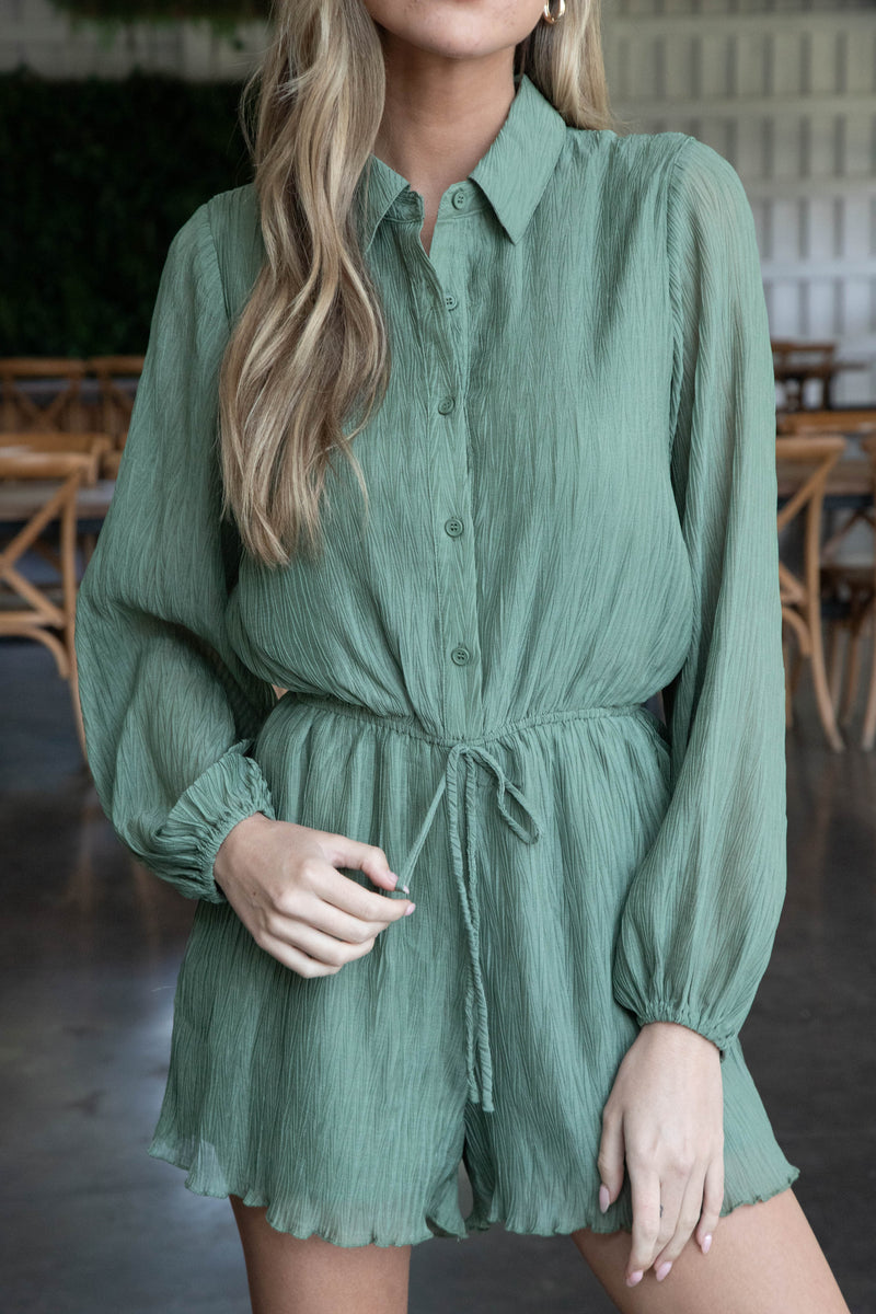 Gathering Button Up Romper, Dark Sage | Sadie & Sage