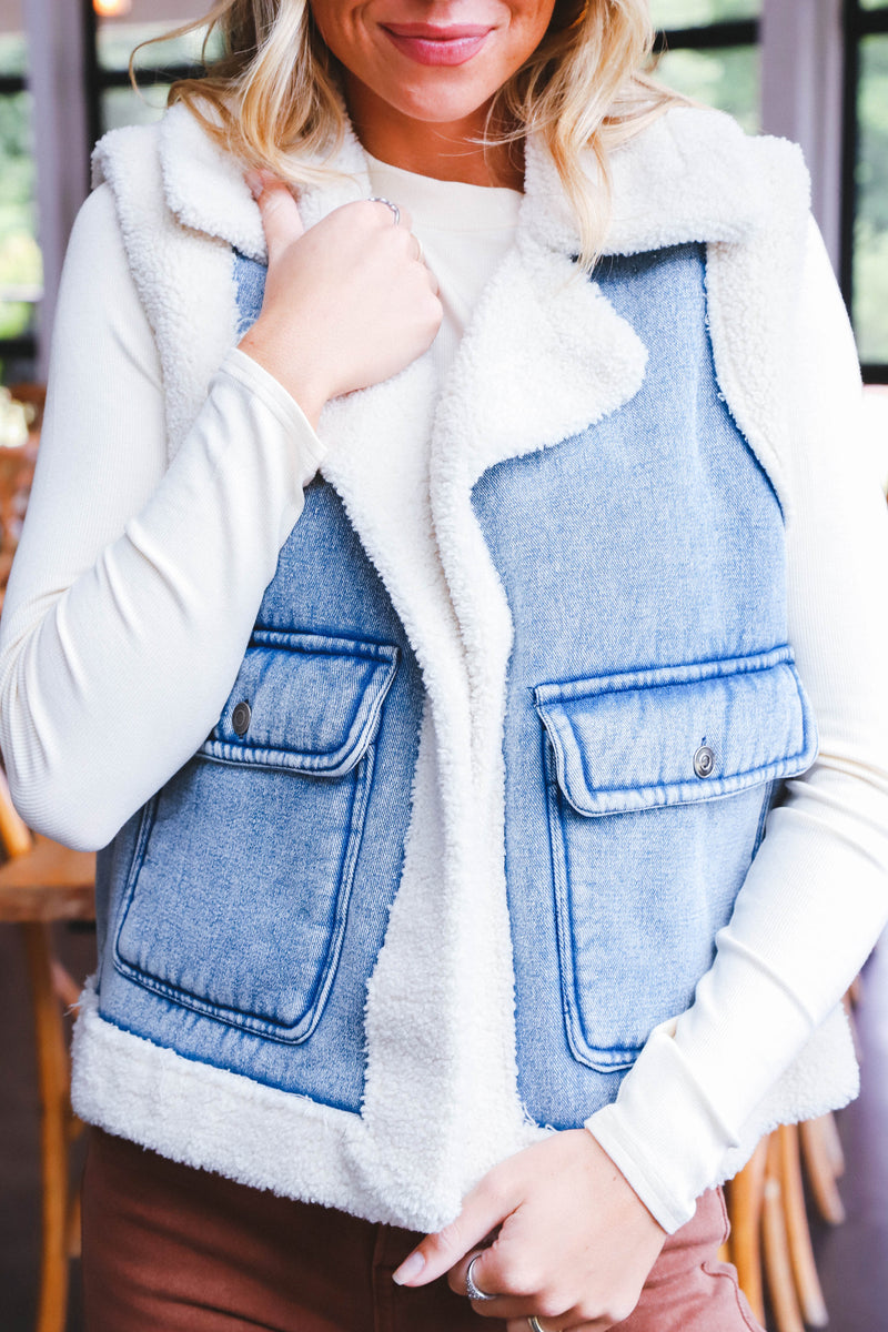 Anne Stone Washed Sherpa Vest, Denim