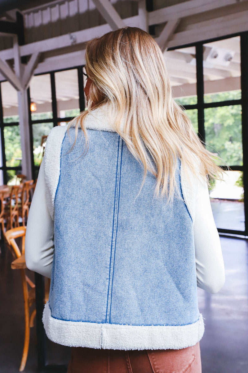 Anne Stone Washed Sherpa Vest, Denim