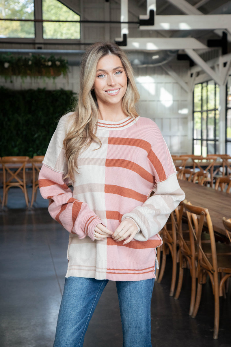 Laken Colorblocked Striped Sweater, Ecru